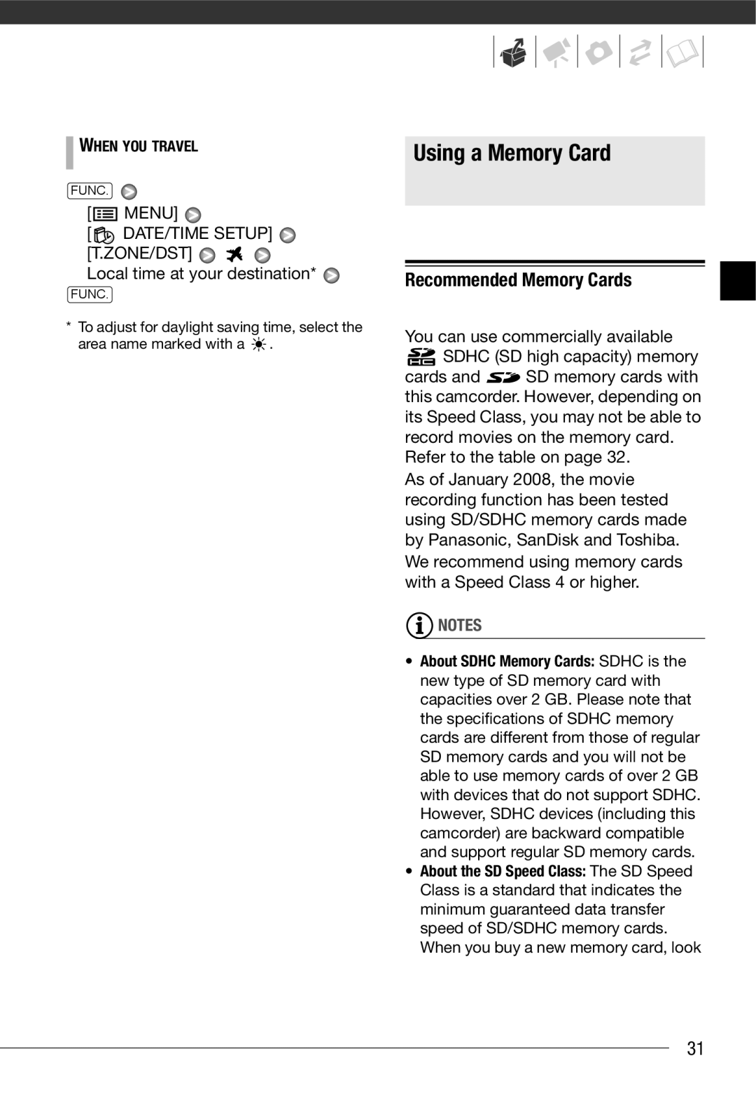 Canon HF10 Using a Memory Card, Recommended Memory Cards, Menu, DATE/TIME Setup T.ZONE/DST, Local time at your destination 