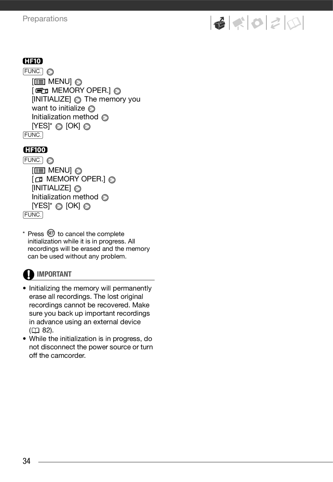 Canon HF10 instruction manual Memory Oper, Menu Memory OPER. Initialize Initialization method YES* OK 