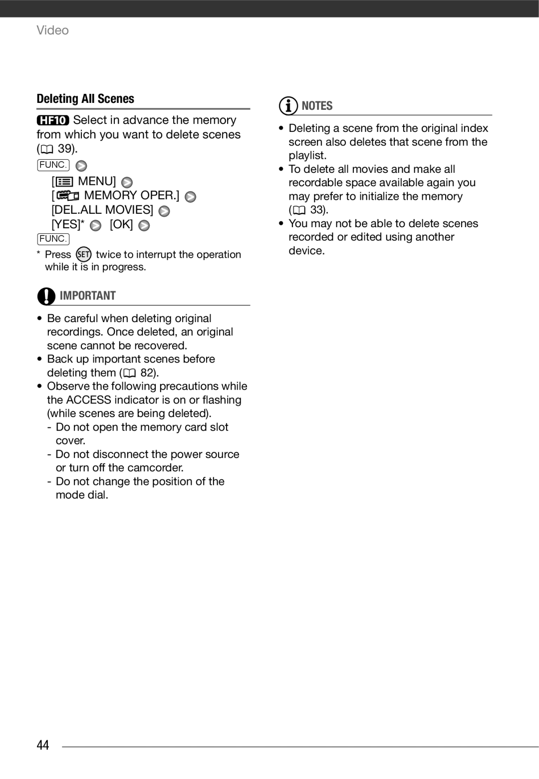 Canon HF10 instruction manual Deleting All Scenes, Memory OPER. DEL.ALL Movies 