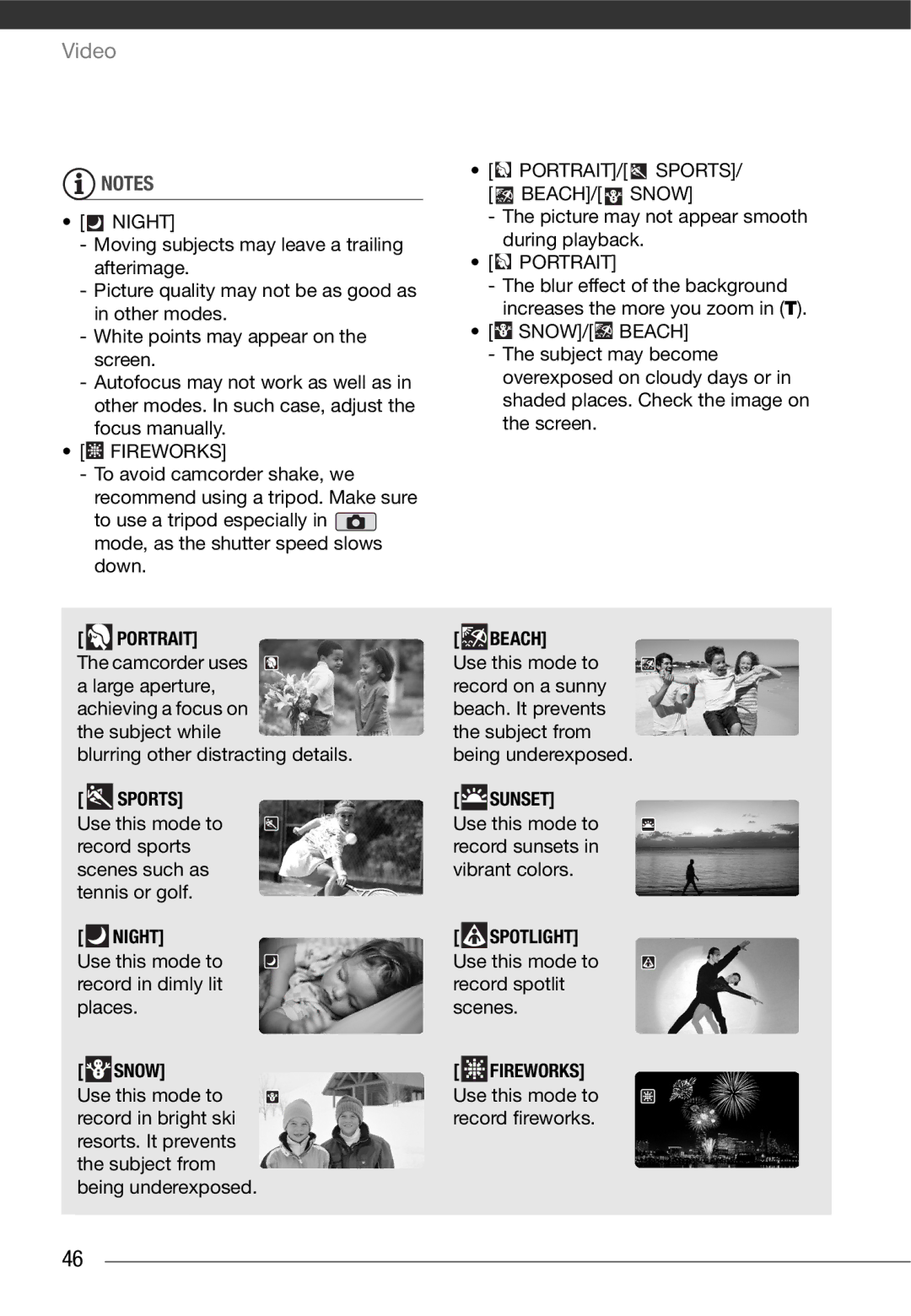 Canon HF10 instruction manual Portrait, Sports, Snow, Sunset, Spotlight, Fireworks 