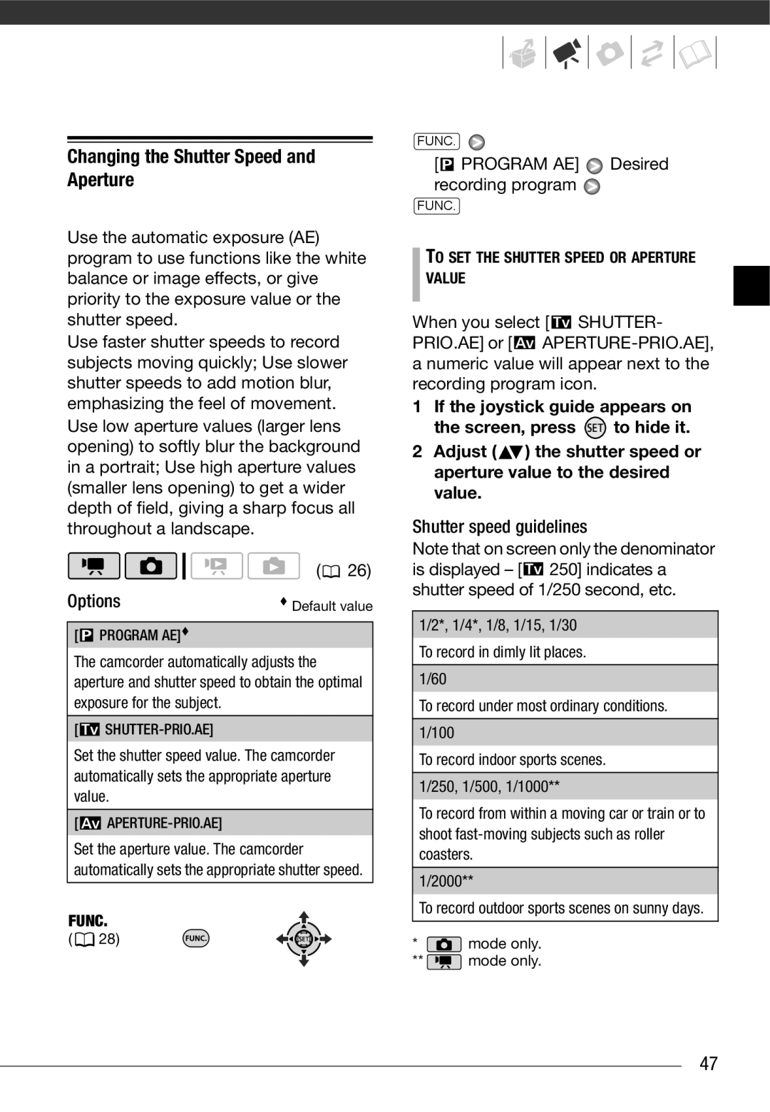 Canon HF10 Changing the Shutter Speed and Aperture, Program AE Desired recording program, Shutter speed guidelines 