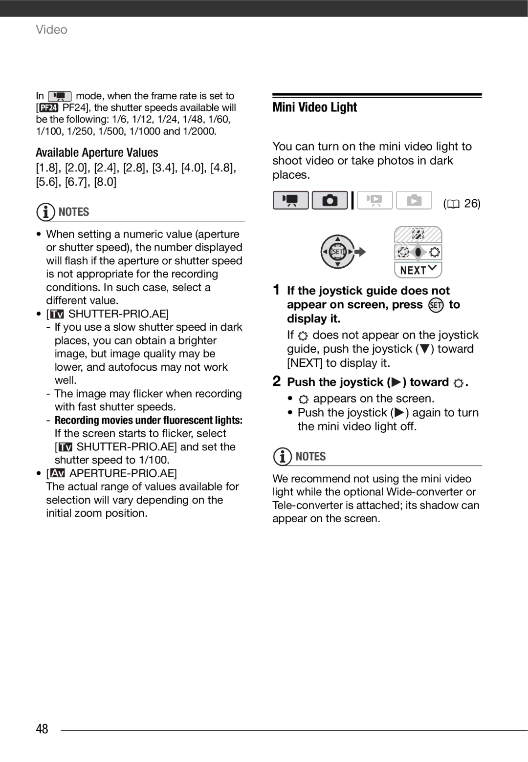 Canon HF10 Mini Video Light, Push the joystick toward, Shutter-Prio.Ae, SHUTTER-PRIO.AE and set the shutter speed to 1/100 