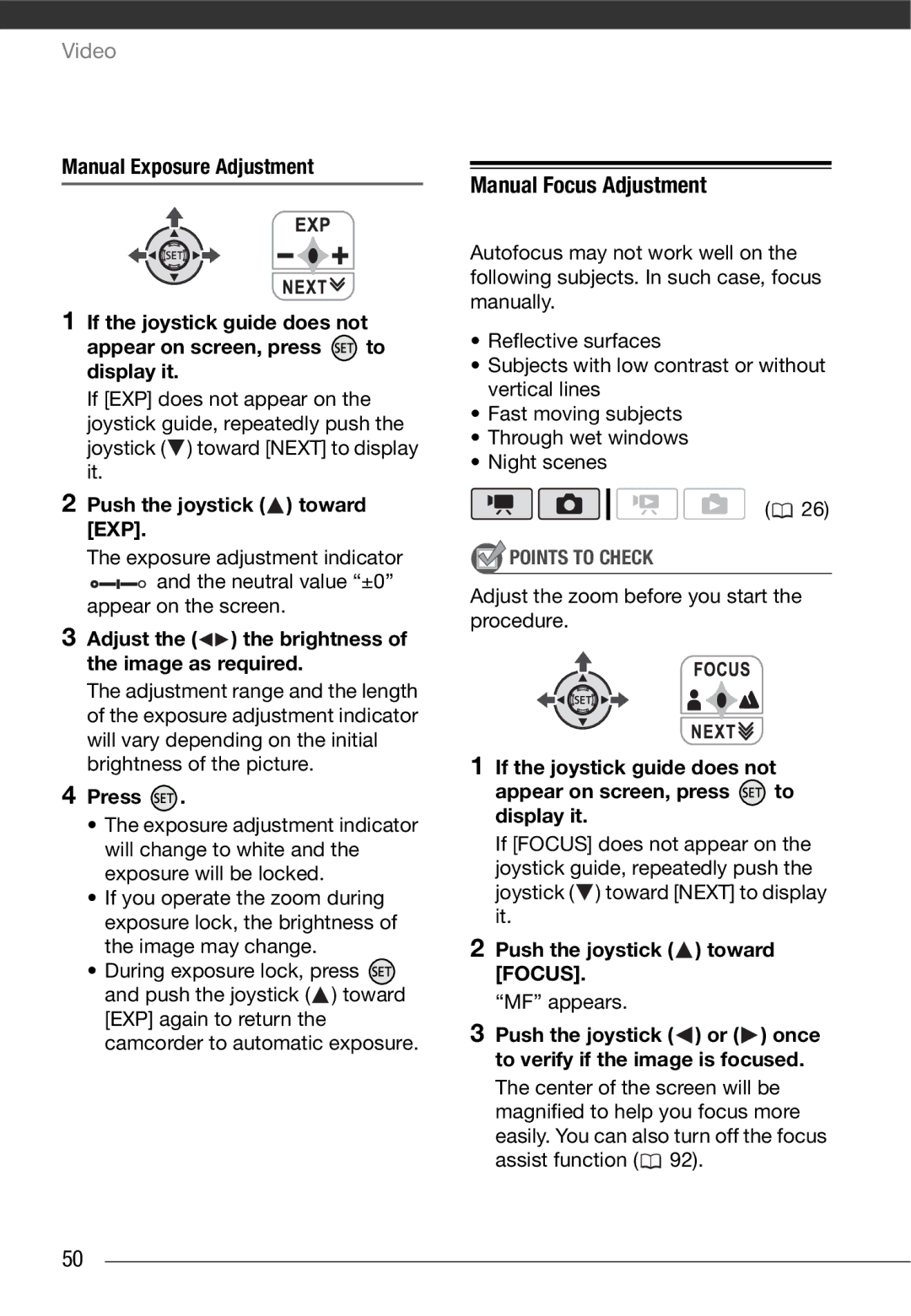 Canon HF10 instruction manual Manual Focus Adjustment, Manual Exposure Adjustment, Push the joystick toward EXP 