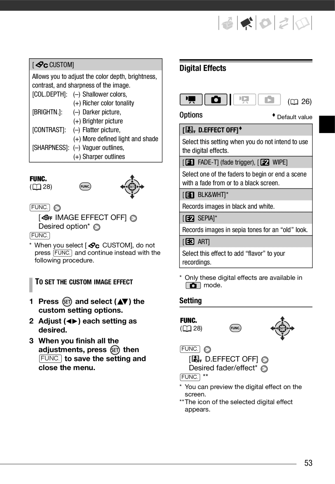 Canon HF10 instruction manual Digital Effects, Image Effect OFF Desired option, Setting, Effect OFF Desired fader/effect 