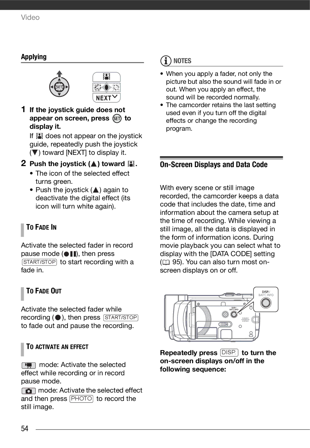 Canon HF10 instruction manual On-Screen Displays and Data Code, To Fade OUT, To Activate AN Effect 