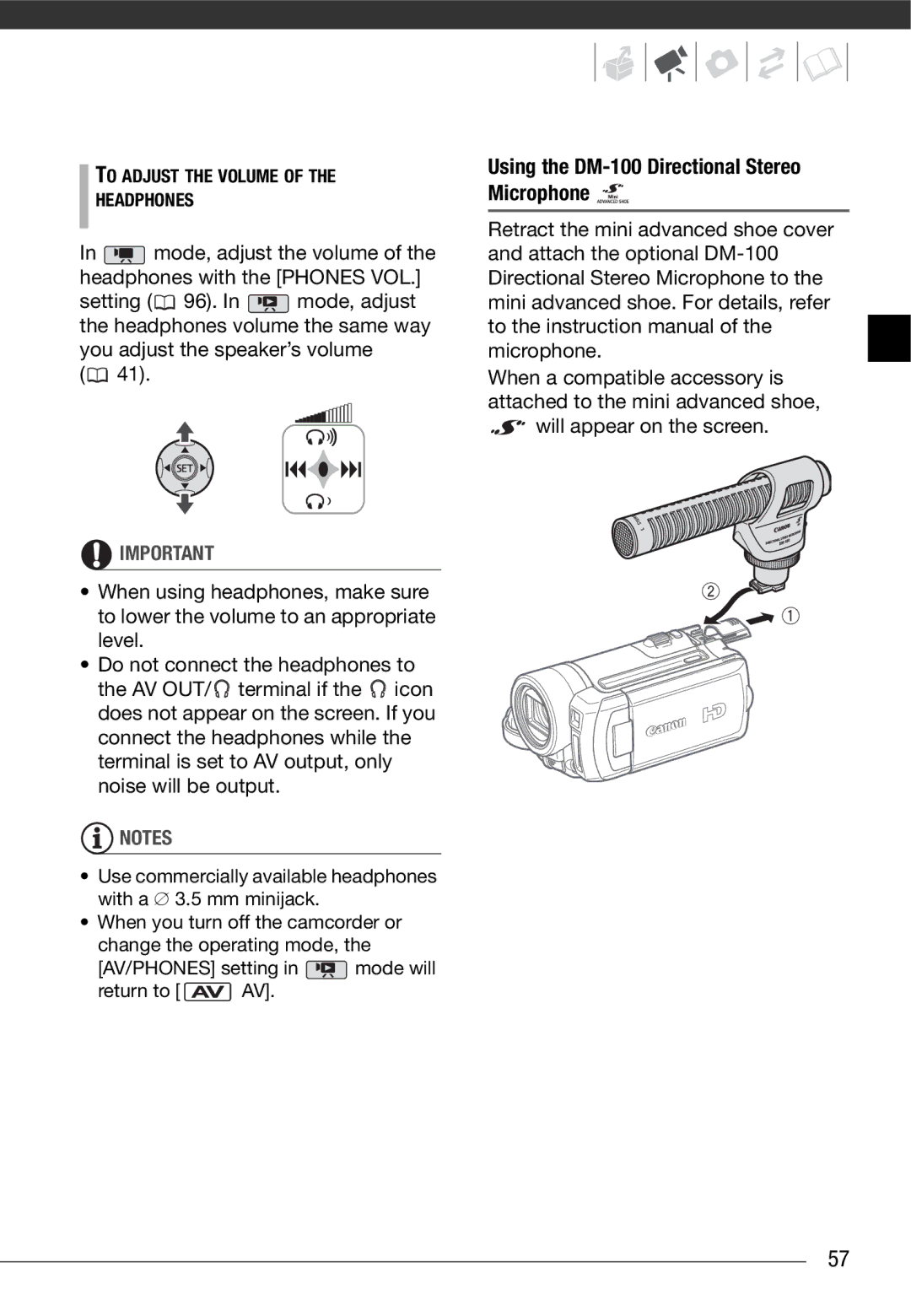 Canon HF10 instruction manual Using the DM-100 Directional Stereo Microphone, To Adjust the Volume Headphones 