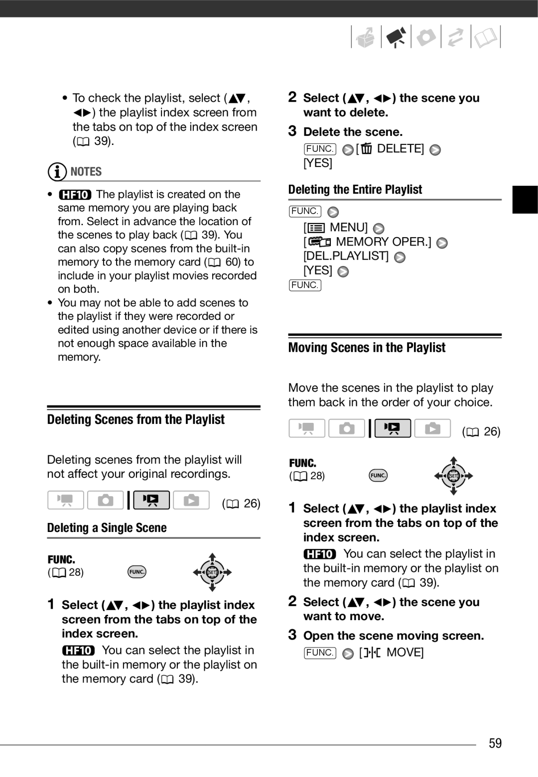 Canon HF10 instruction manual Deleting Scenes from the Playlist, Moving Scenes in the Playlist, Deleting a Single Scene 