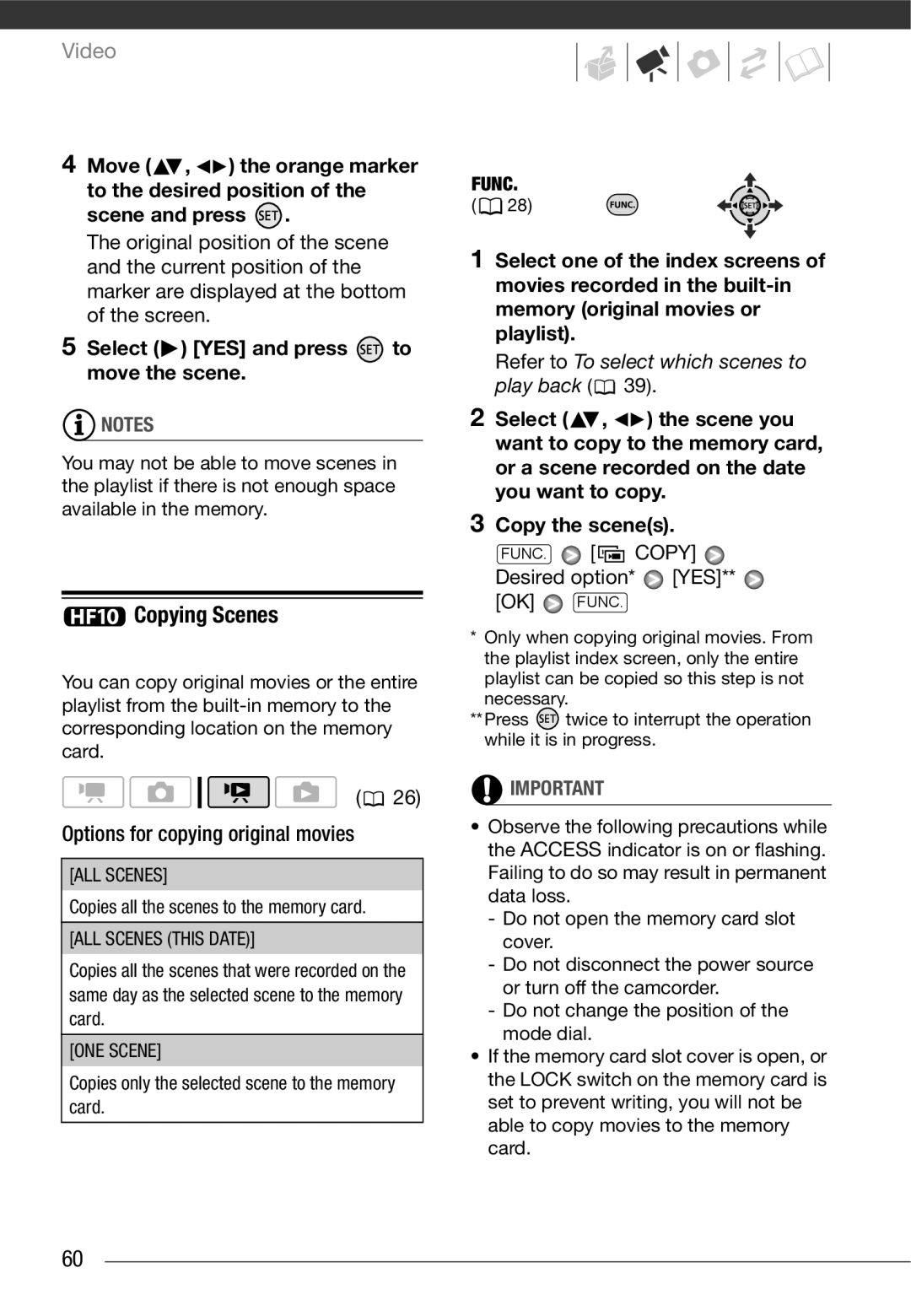 Canon HF10 Copying Scenes, Select YES and press to move the scene, Options for copying original movies, ALL Scenes 