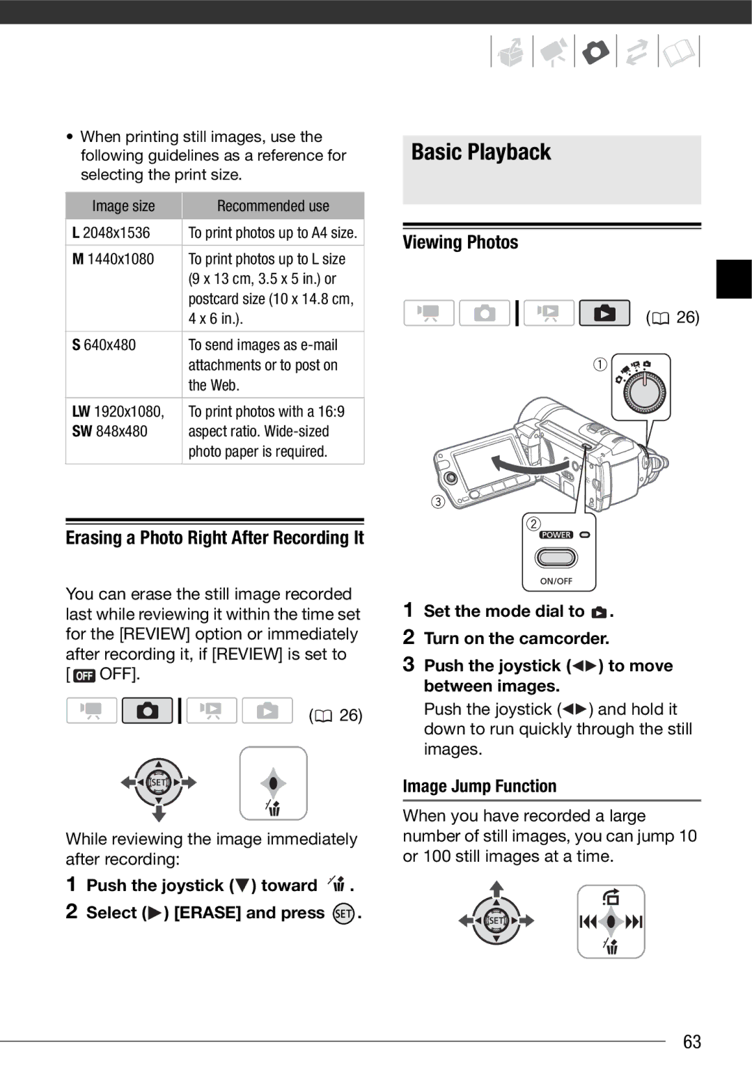 Canon HF10 Viewing Photos, OFF While reviewing the image immediately after recording, Image Jump Function 