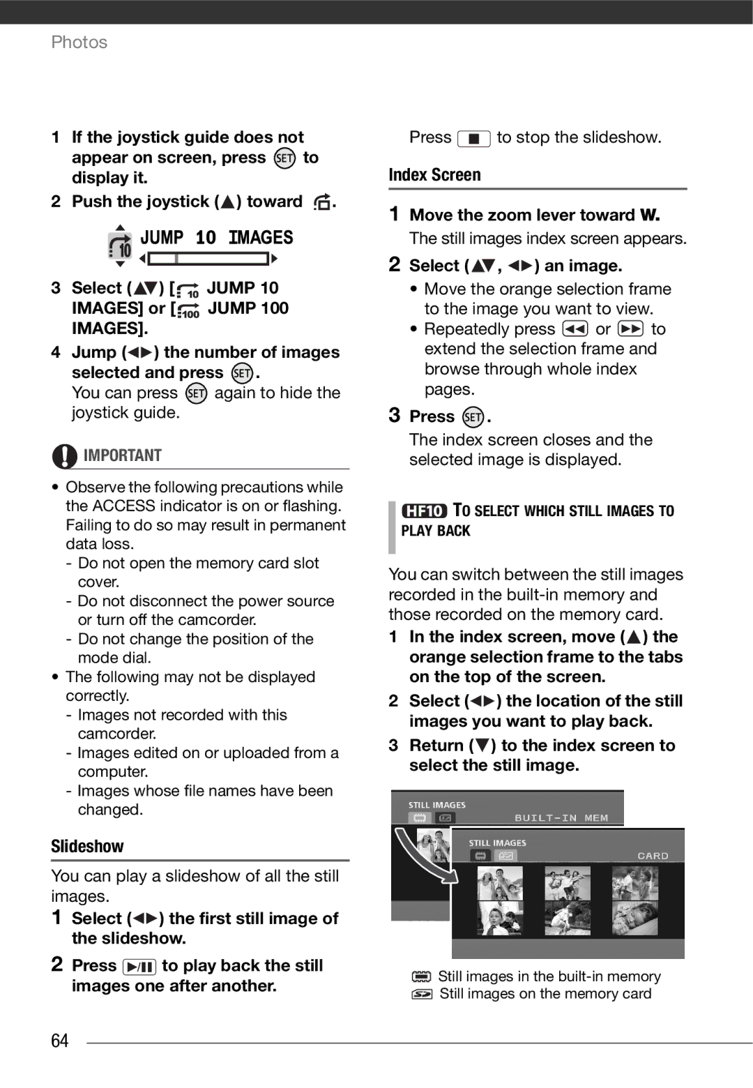 Canon HF10 instruction manual Slideshow, Select the first still image of the slideshow, Index Screen, Select , an image 