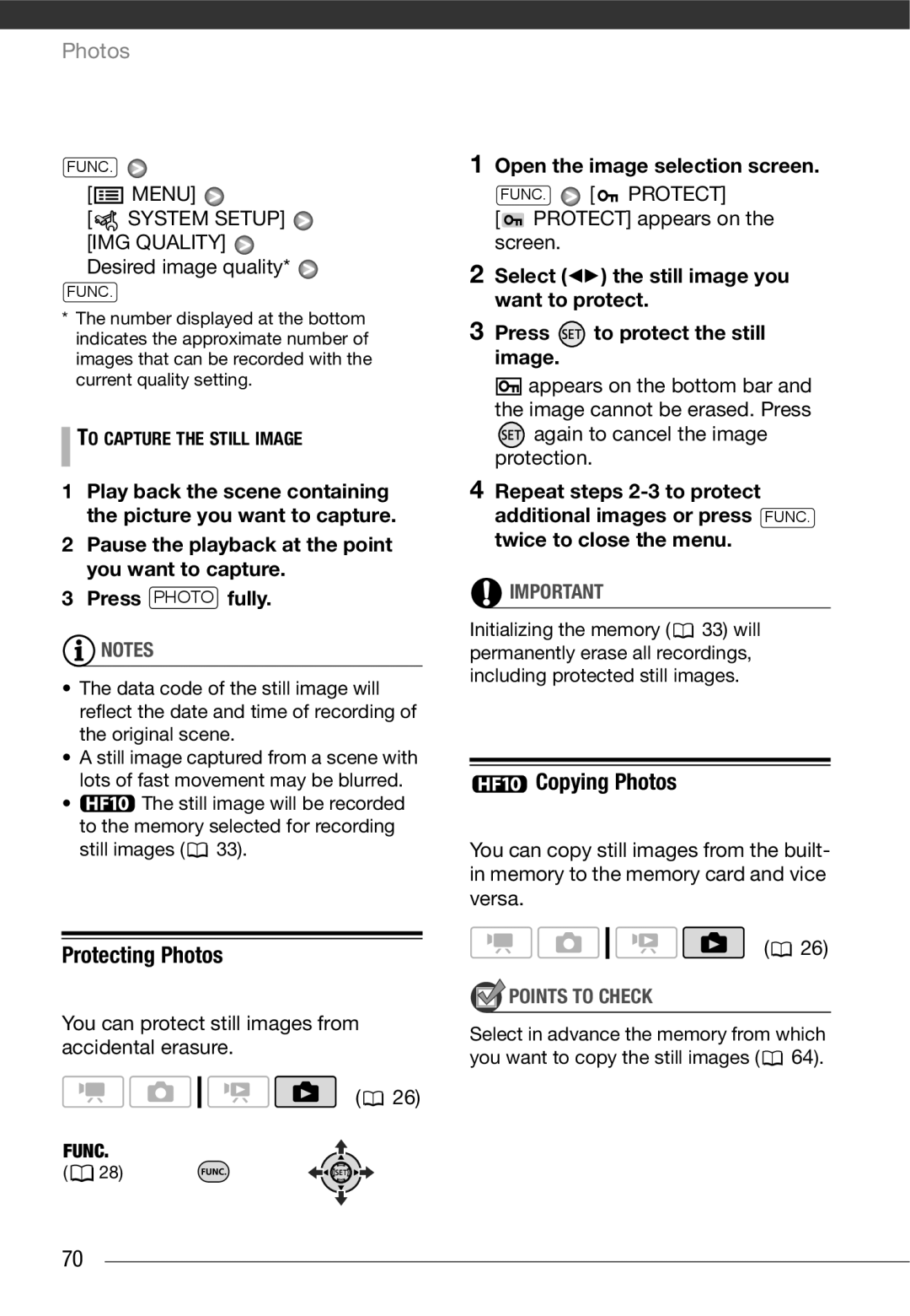 Canon HF10 instruction manual Protecting Photos, Copying Photos, Open the image selection screen, FUNC. Protect 