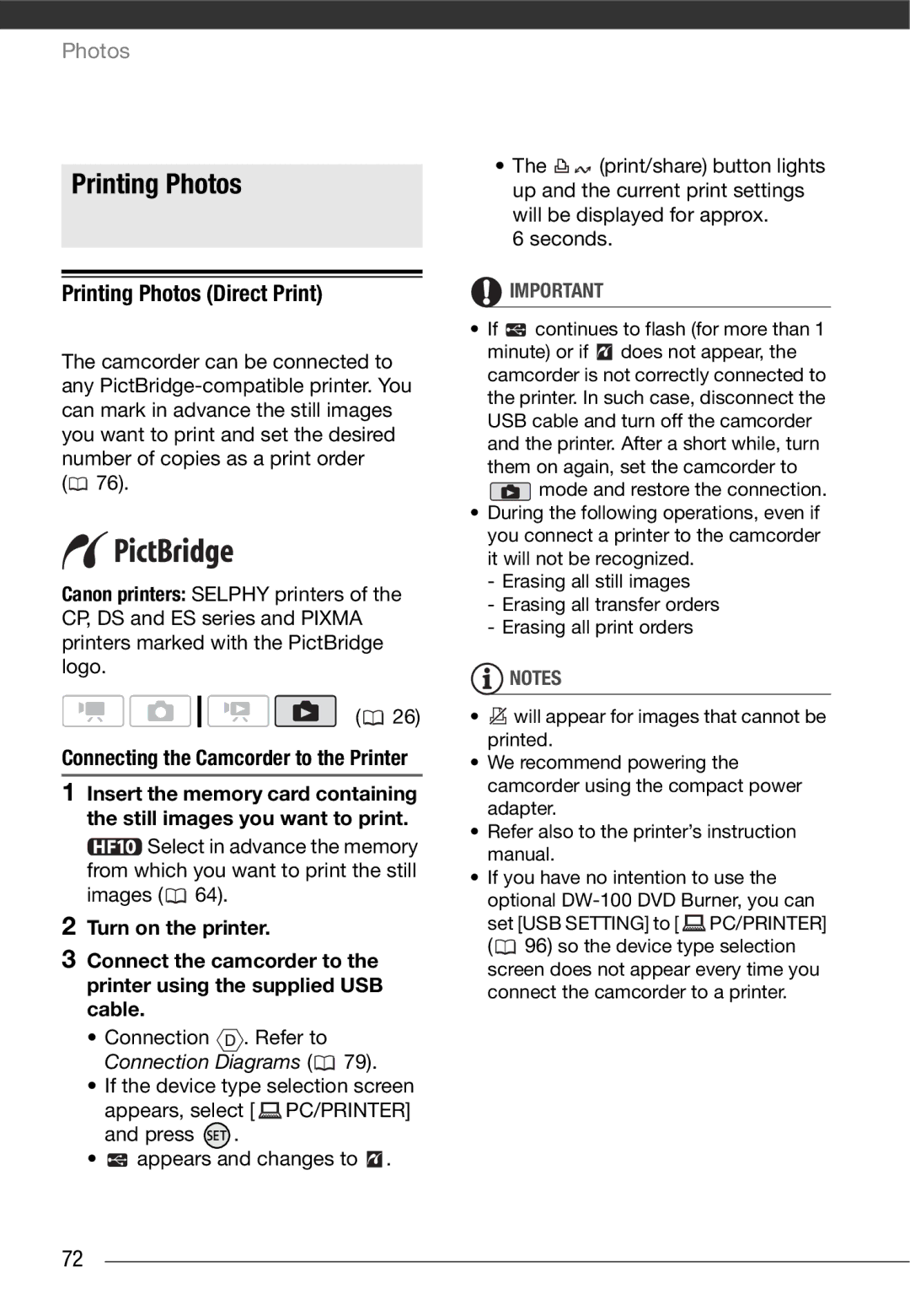 Canon HF10 instruction manual Printing Photos Direct Print, Connection . Refer to Connection Diagrams 