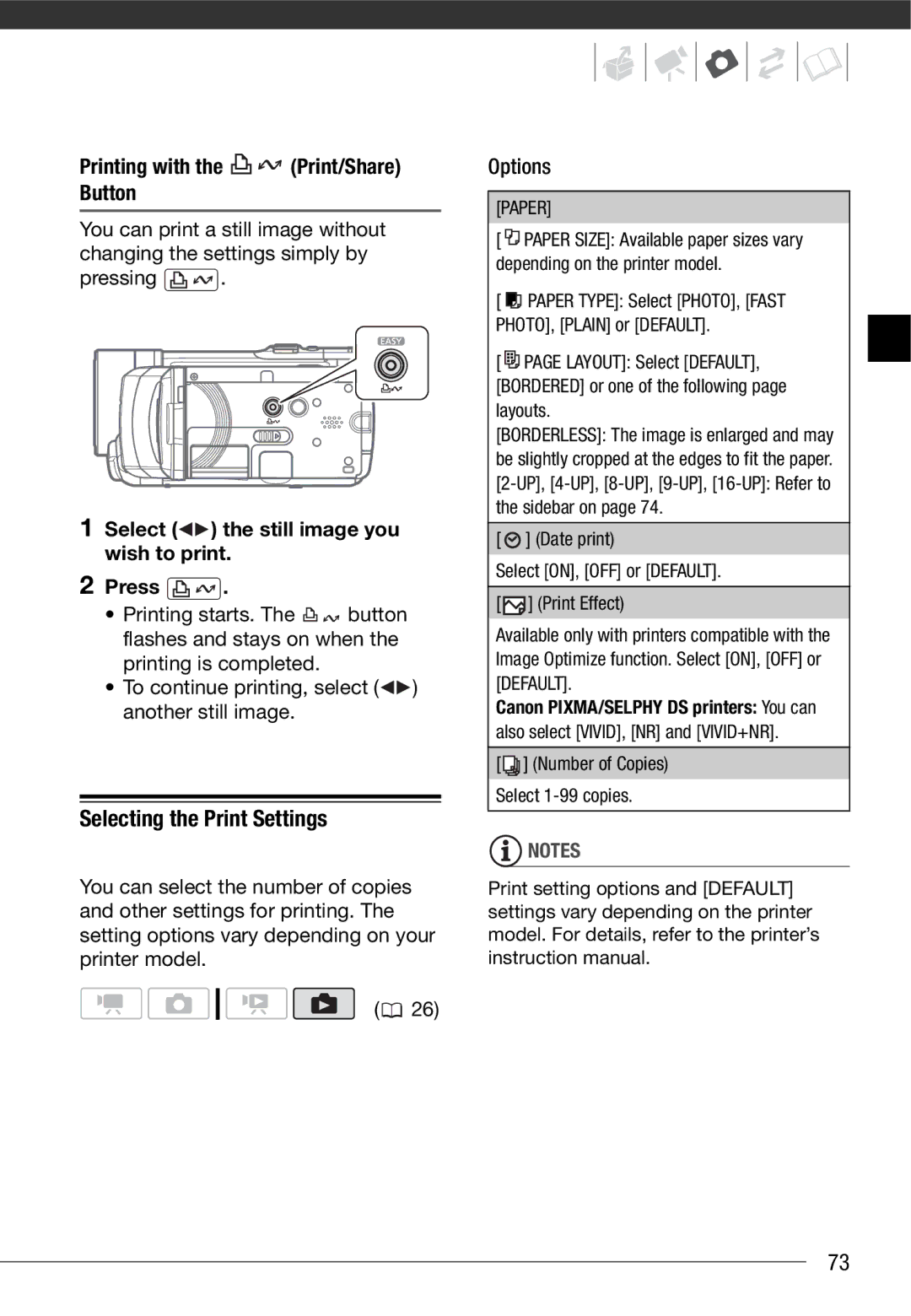 Canon HF10 instruction manual Selecting the Print Settings, Printing with the Print/Share Button, Paper 