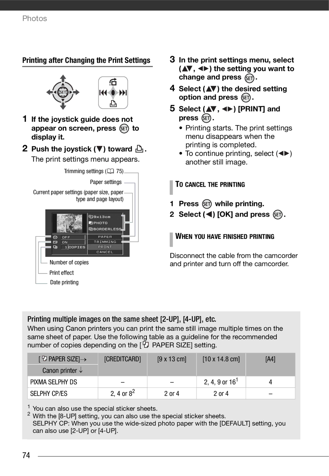 Canon HF10 Press while printing Select OK and press, Printing multiple images on the same sheet 2-UP, 4-UP, etc 