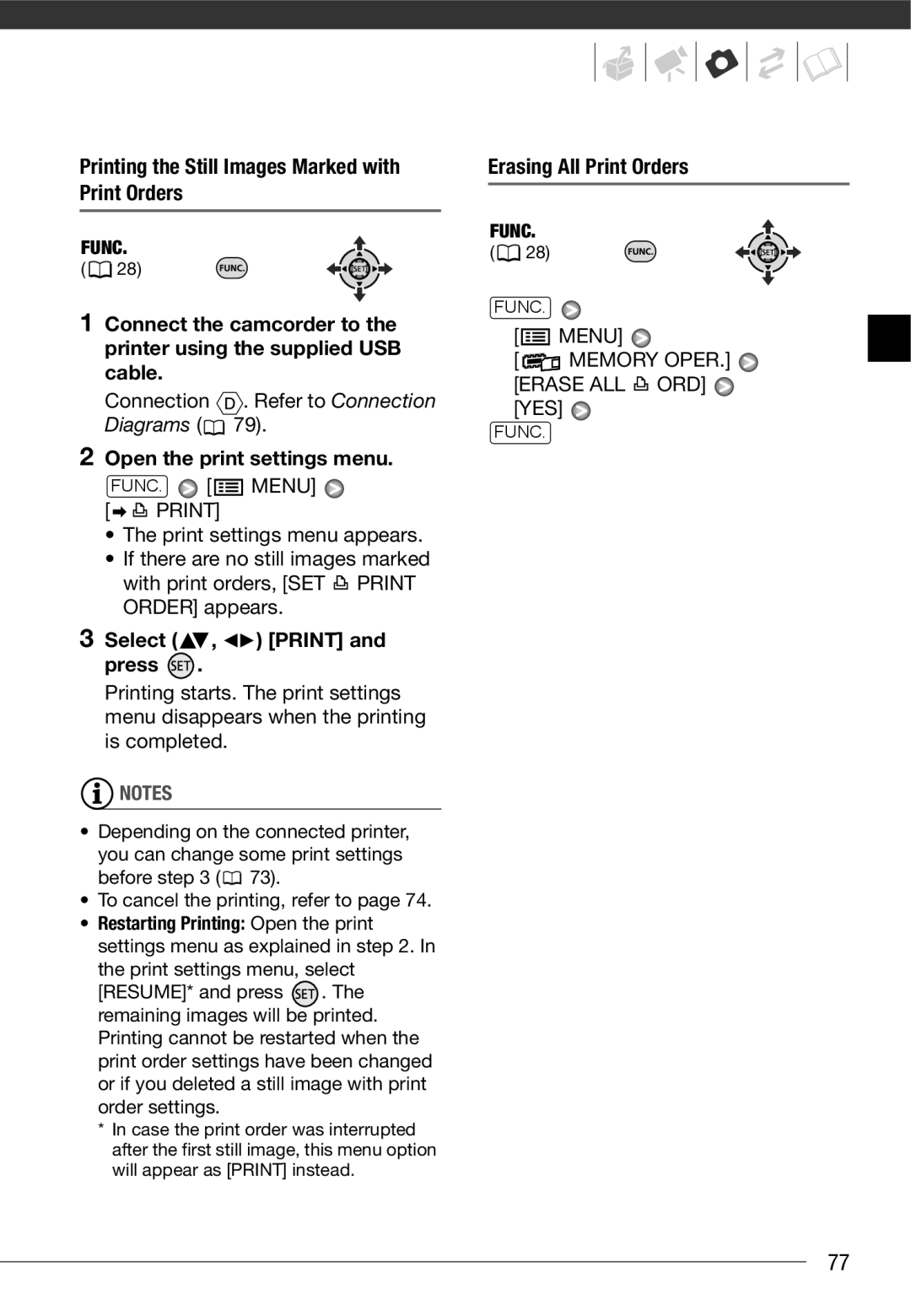 Canon HF10 Printing the Still Images Marked with Print Orders, Open the print settings menu, Select , Print Press 