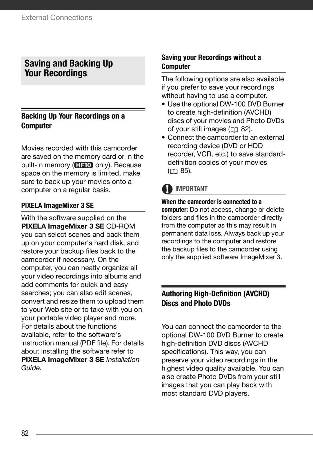 Canon HF10 instruction manual Saving and Backing Up Your Recordings, Backing Up Your Recordings on a Computer 