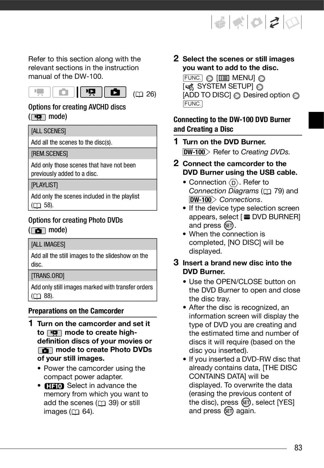 Canon HF10 Mode to create Photo DVDs of your still images, System Setup, Insert a brand new disc into the DVD Burner 