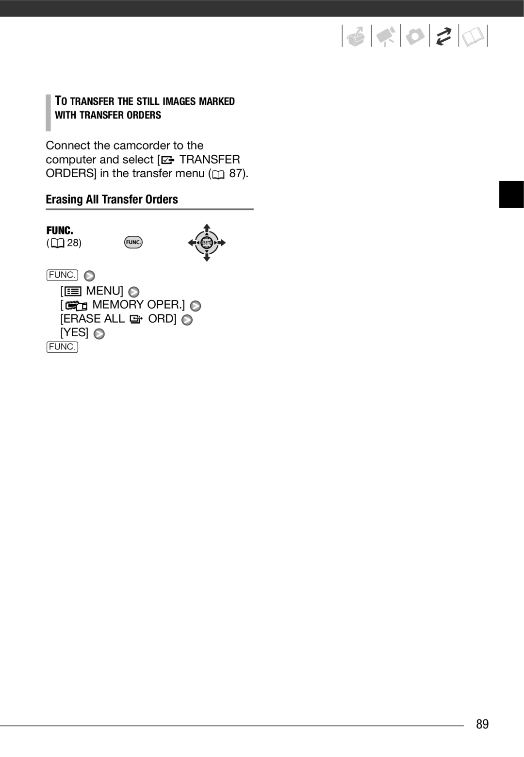 Canon HF10 instruction manual Erasing All Transfer Orders, Menu Memory Oper 