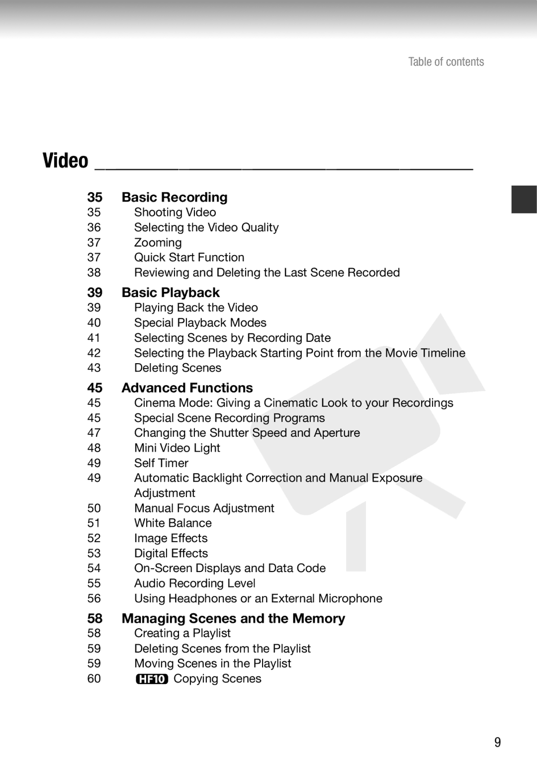 Canon HF10 instruction manual Basic Recording, Basic Playback, Advanced Functions, Managing Scenes and the Memory 