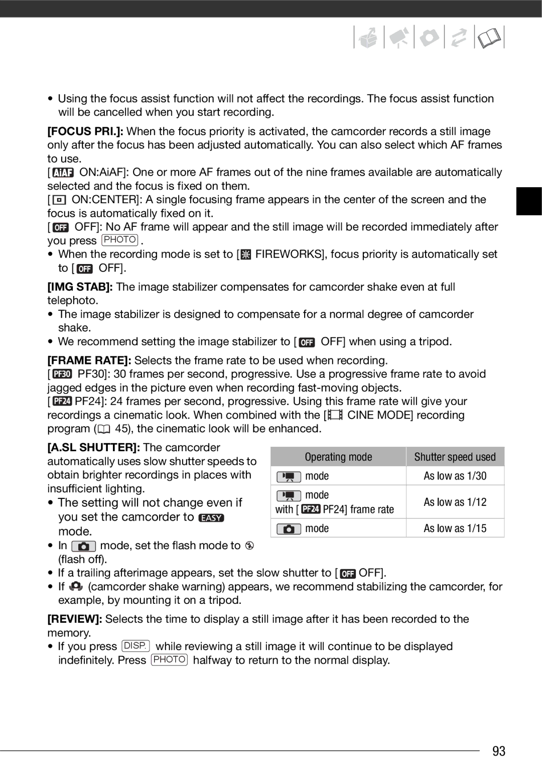 Canon HF10 instruction manual Operating mode, Mode, With 