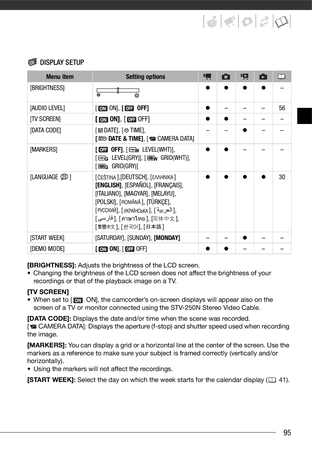 Canon HF10 instruction manual Display Setup, Off, TV Screen 