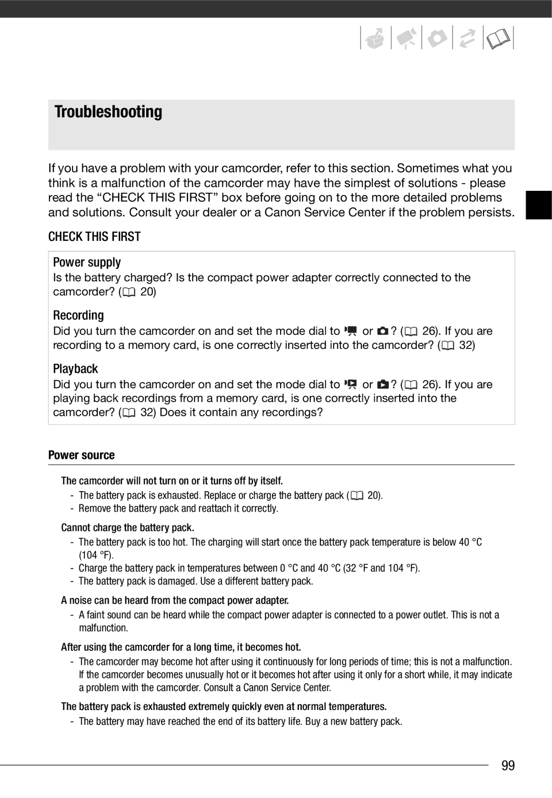 Canon HF10 instruction manual Troubleshooting, Check this First, Power source 