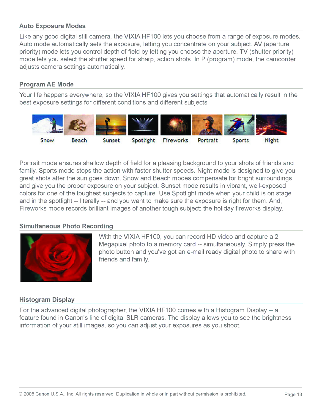 Canon HF100 manual Auto Exposure Modes, Simultaneous Photo Recording, Histogram Display 