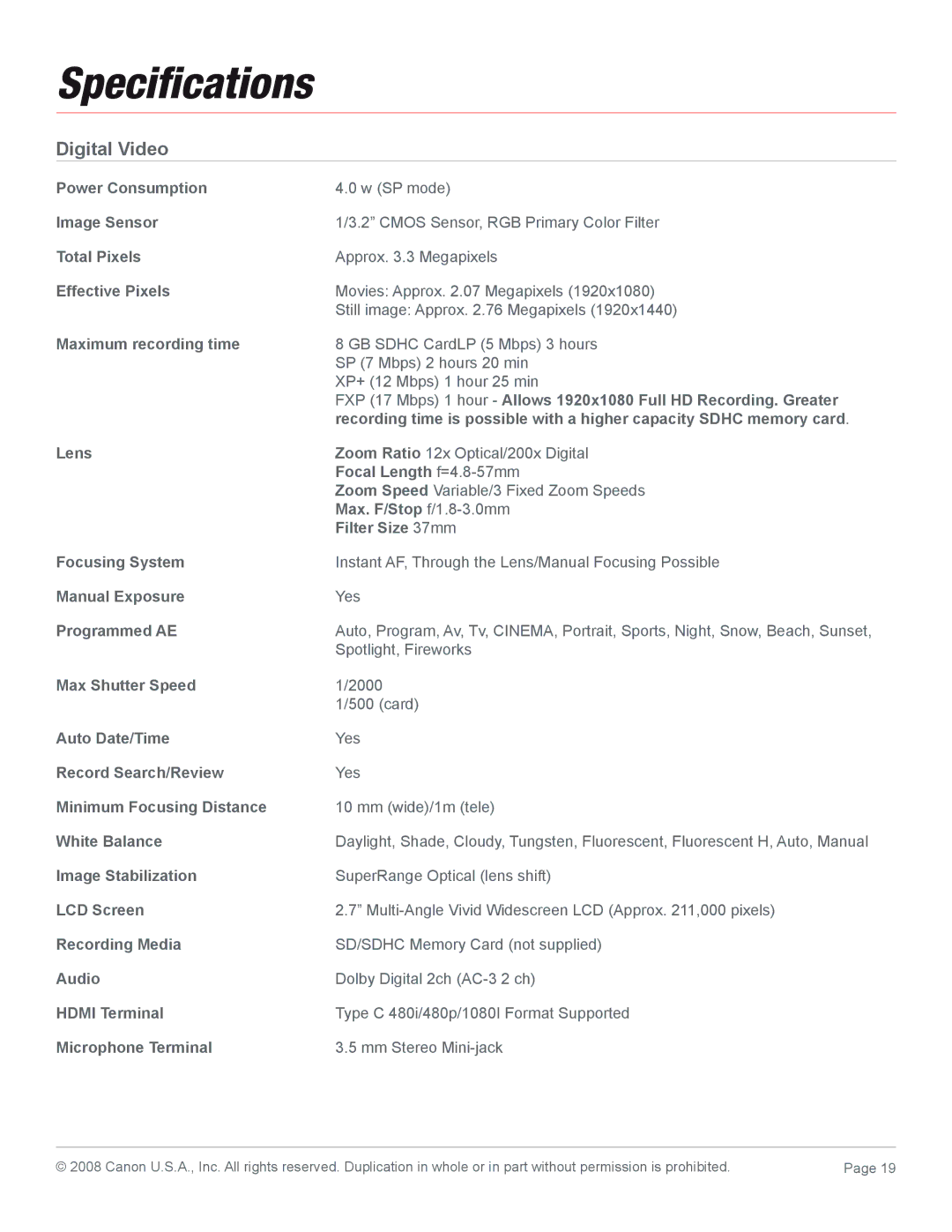 Canon HF100 manual Speciﬁcations, Digital Video 