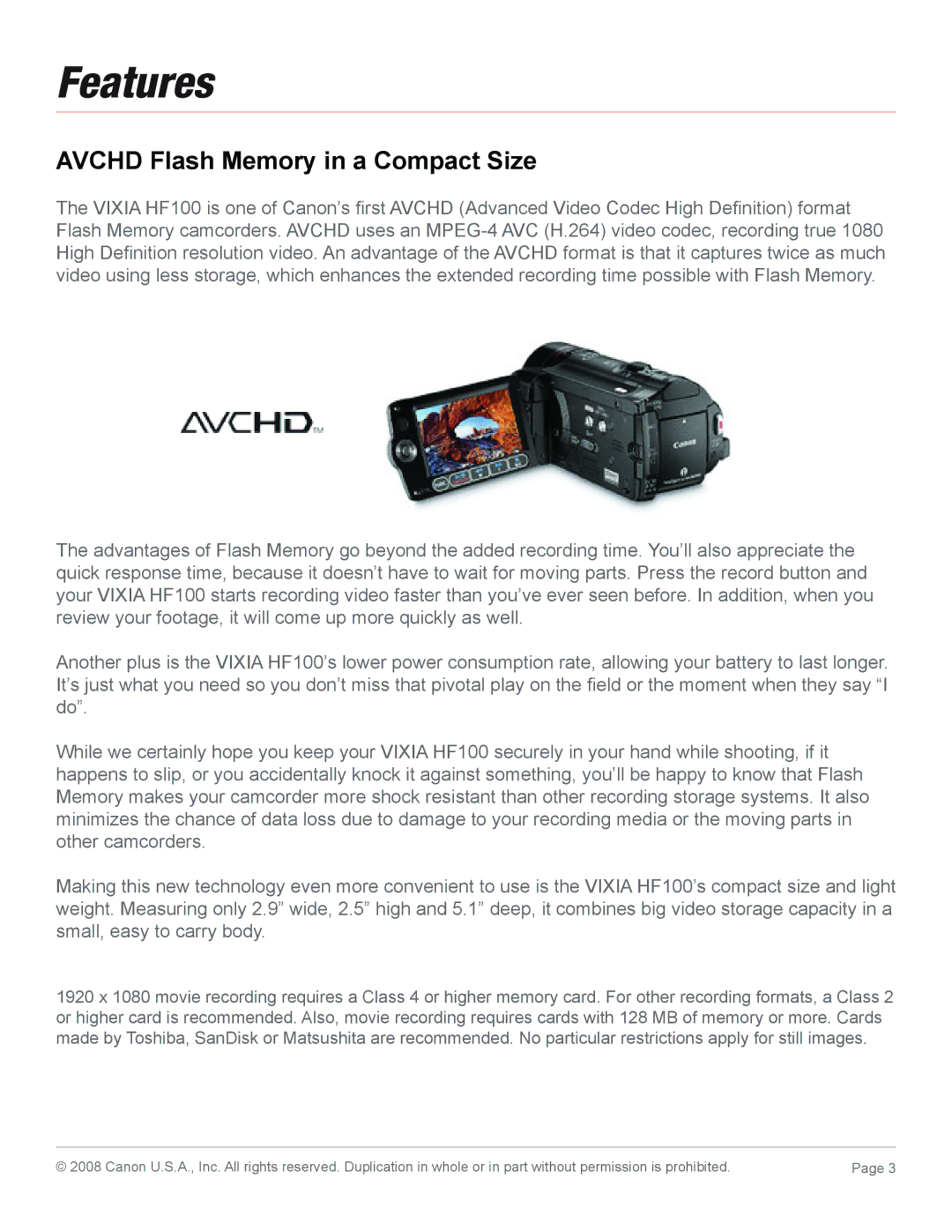 Canon HF100 manual Features, Avchd Flash Memory in a Compact Size 