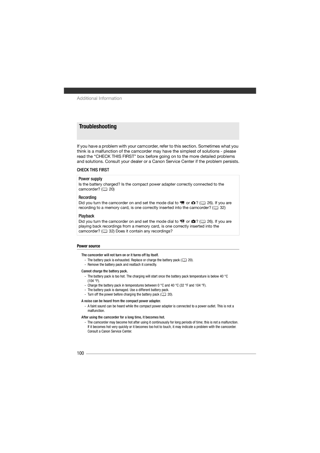 Canon HF11 instruction manual Troubleshooting, 100, Check this First, Power source 