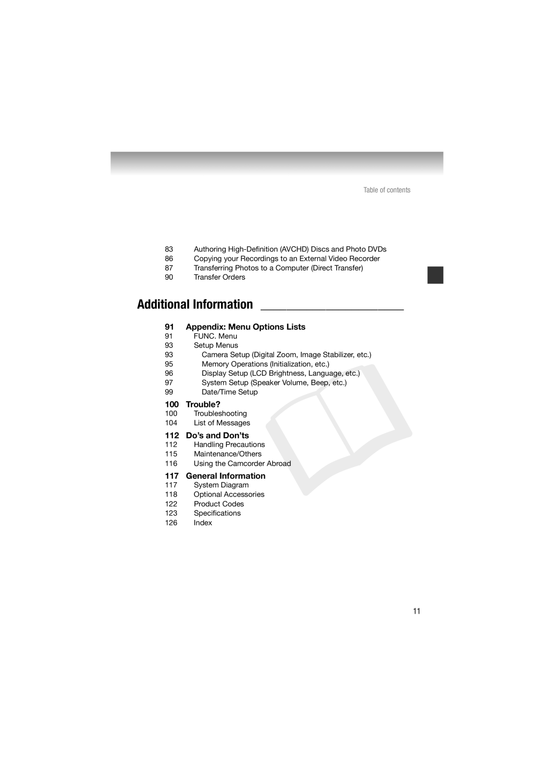 Canon HF11 instruction manual Appendix Menu Options Lists, Trouble?, 112 Do’s and Don’ts, General Information 