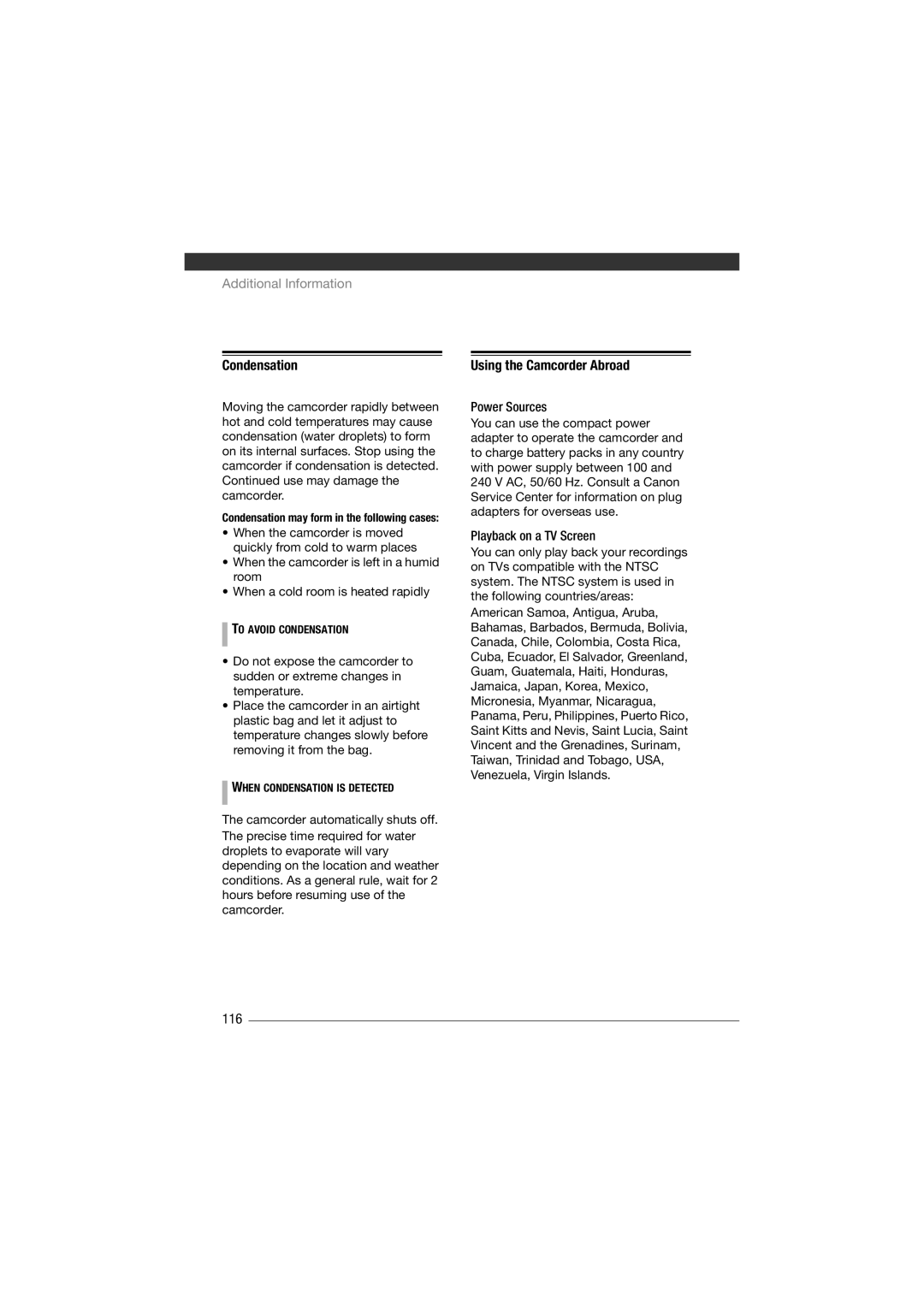 Canon HF11 instruction manual Using the Camcorder Abroad, 116, To Avoid Condensation, When Condensation is Detected 