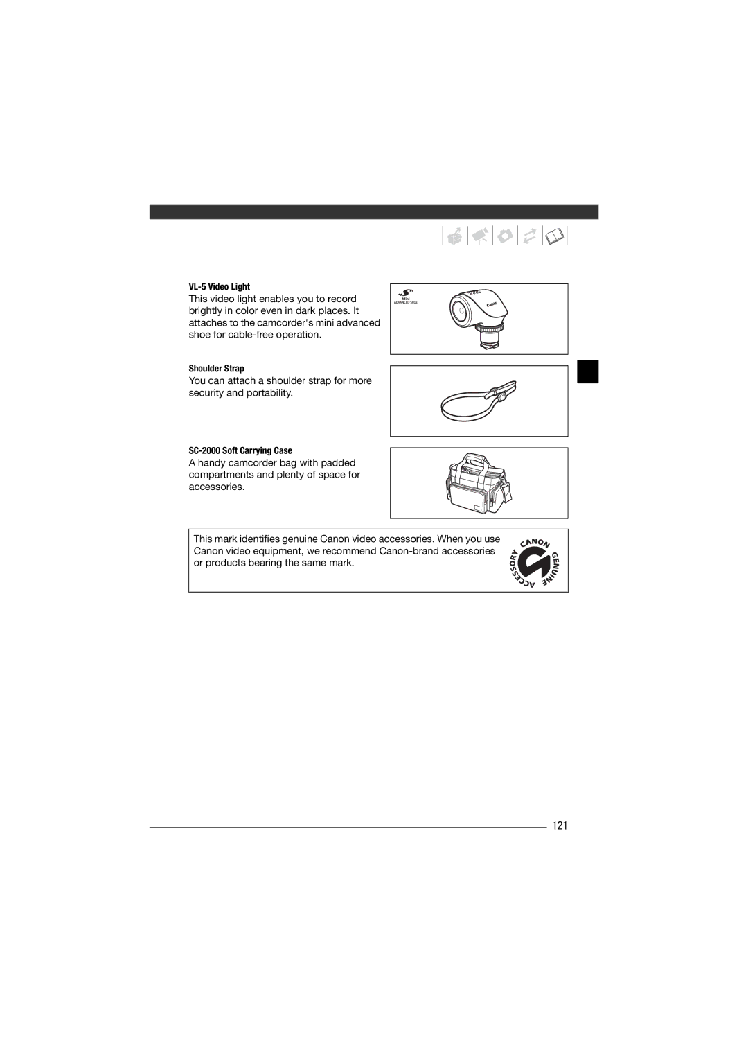 Canon HF11 instruction manual 121, VL-5 Video Light, Shoulder Strap, SC-2000 Soft Carrying Case 