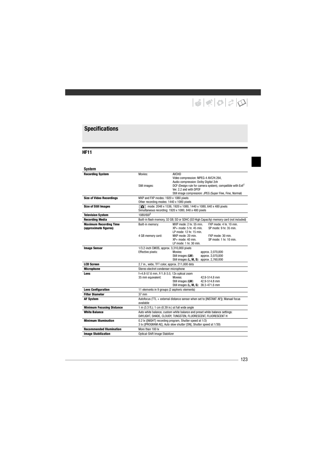 Canon HF11 instruction manual Specifications, 123, System 