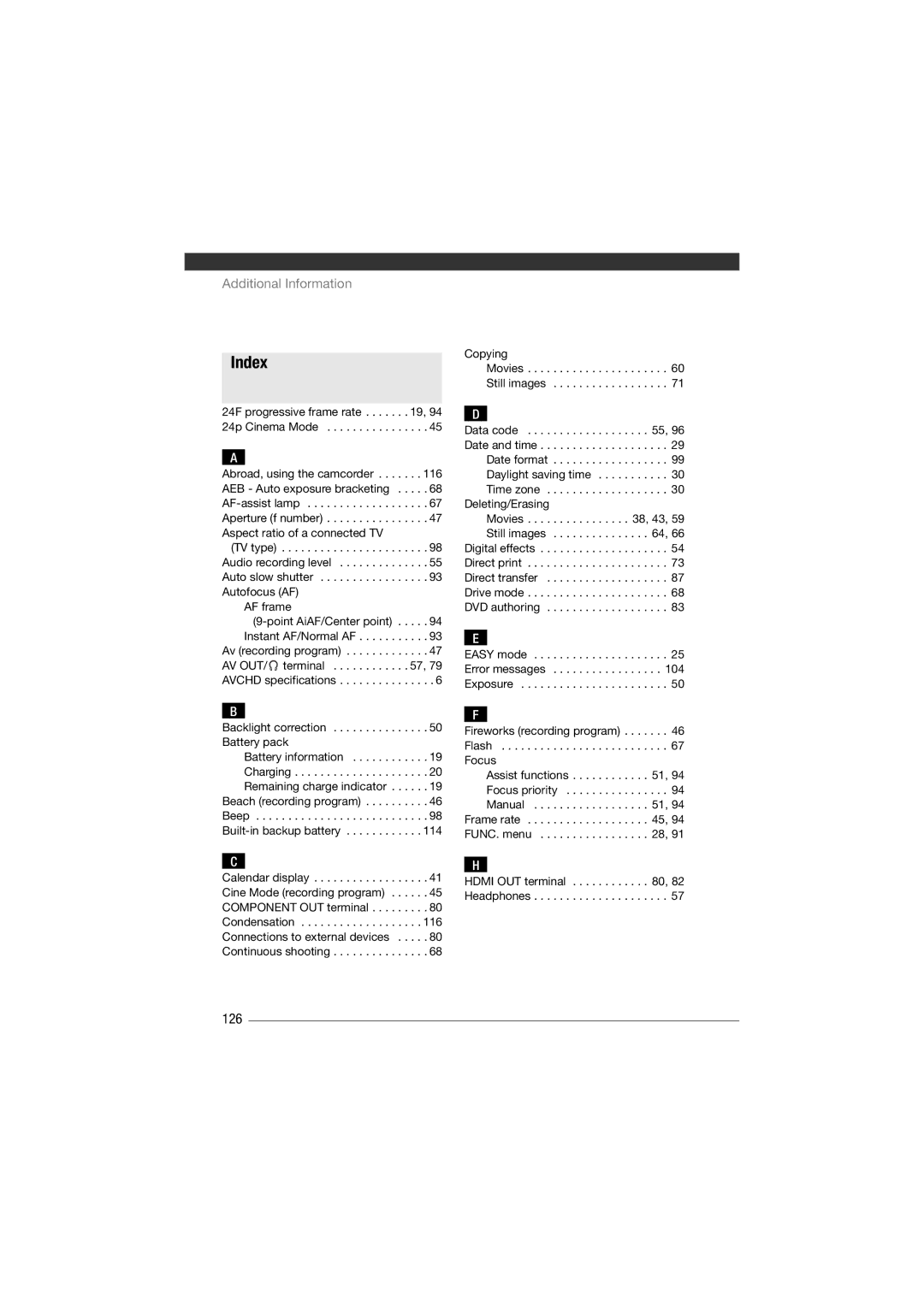 Canon HF11 instruction manual Index, 126 