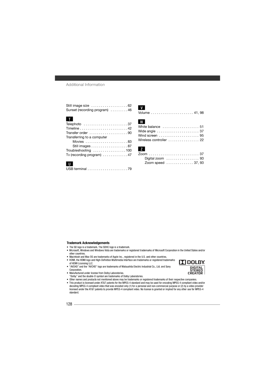 Canon HF11 instruction manual 128, Still image size, USB terminal, Trademark Acknowledgements 