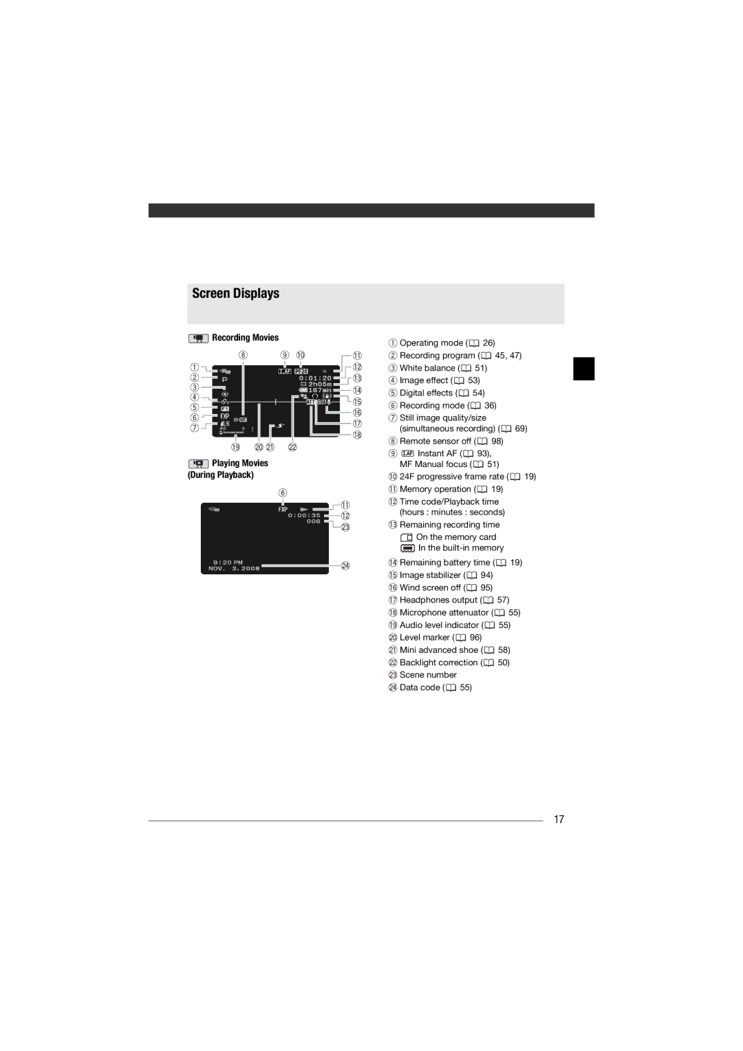 Canon HF11 instruction manual Screen Displays, Recording Movies 