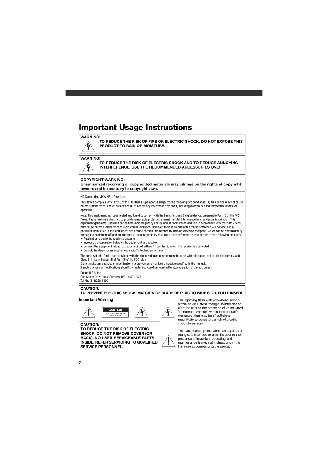 Canon HF11 instruction manual Important Usage Instructions 