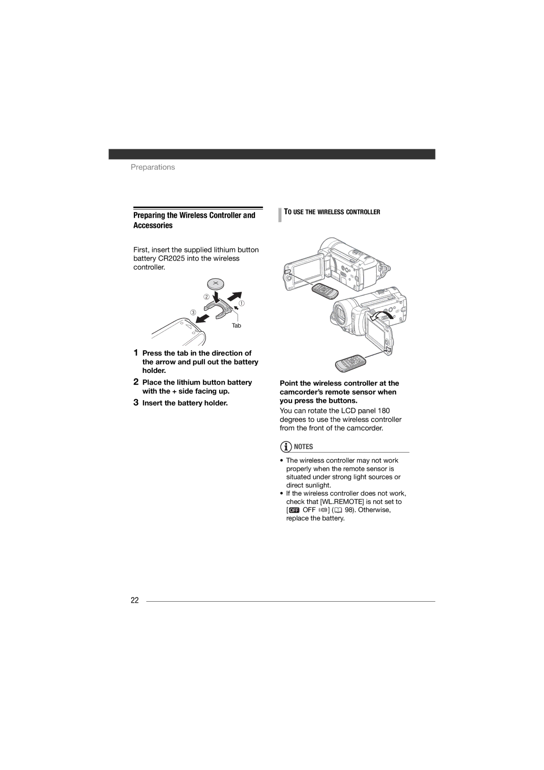 Canon HF11 Accessories, Preparing the Wireless Controller, Place the lithium button battery with the + side facing up 