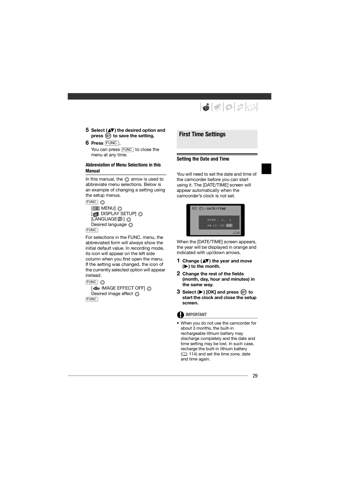 Canon HF11 First Time Settings, Setting the Date and Time, Abbreviation of Menu Selections in this Manual 