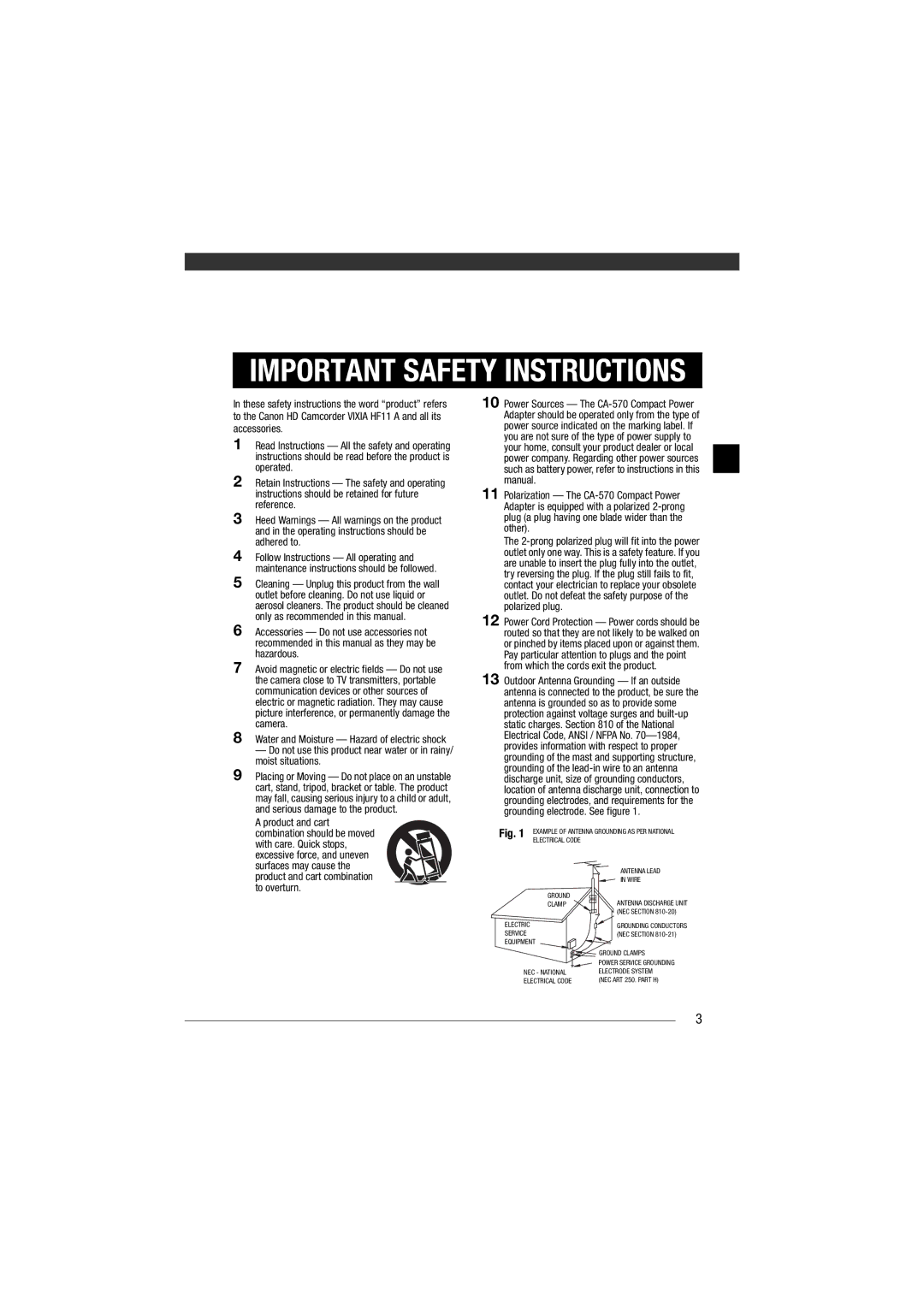 Canon HF11 instruction manual Important Safety Instructions 