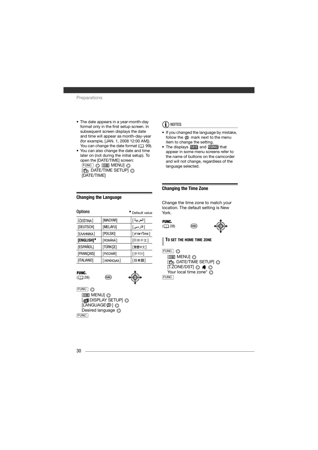 Canon HF11 instruction manual Changing the Language, Changing the Time Zone, FUNC. Menu, DATE/TIME Setup DATE/TIME 