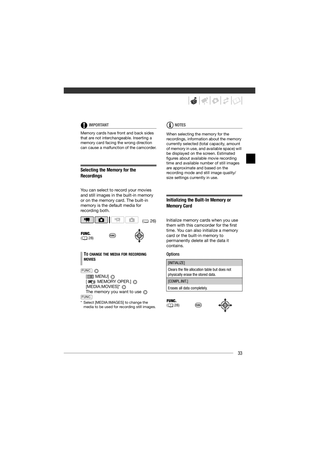 Canon HF11 Selecting the Memory for Recordings, Initializing the Built-In Memory or Memory Card, Memory OPER. Mediamovies 