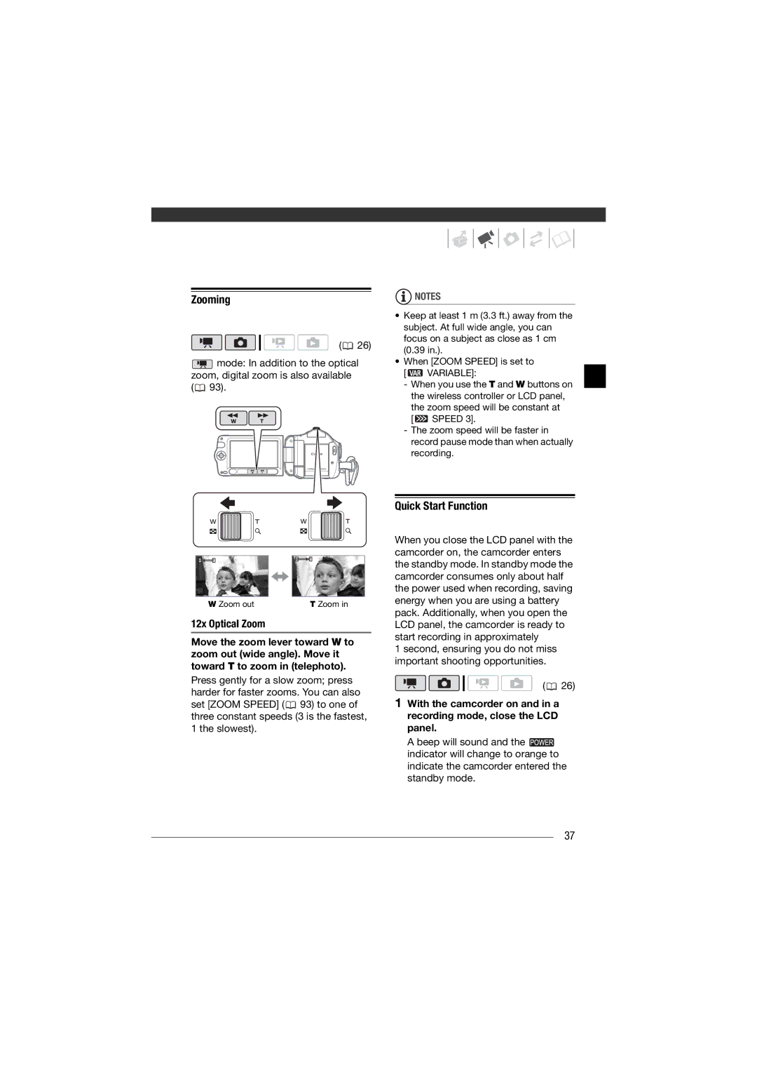 Canon HF11 instruction manual Zooming, Quick Start Function, 12x Optical Zoom, Variable 