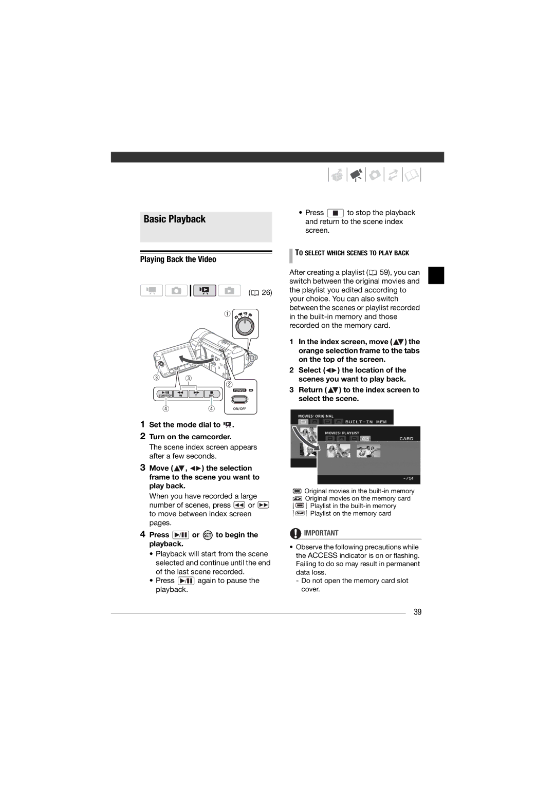 Canon HF11 instruction manual Basic Playback, Playing Back the Video, Scene index screen appears after a few seconds 