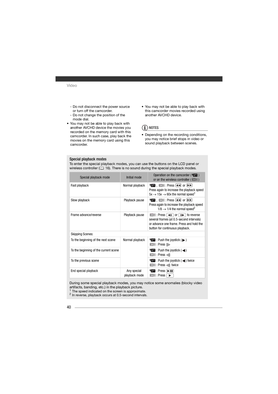 Canon HF11 instruction manual Frame advance/reverse, To reverse, Button for continuous playback, Skipping Scenes, Press 