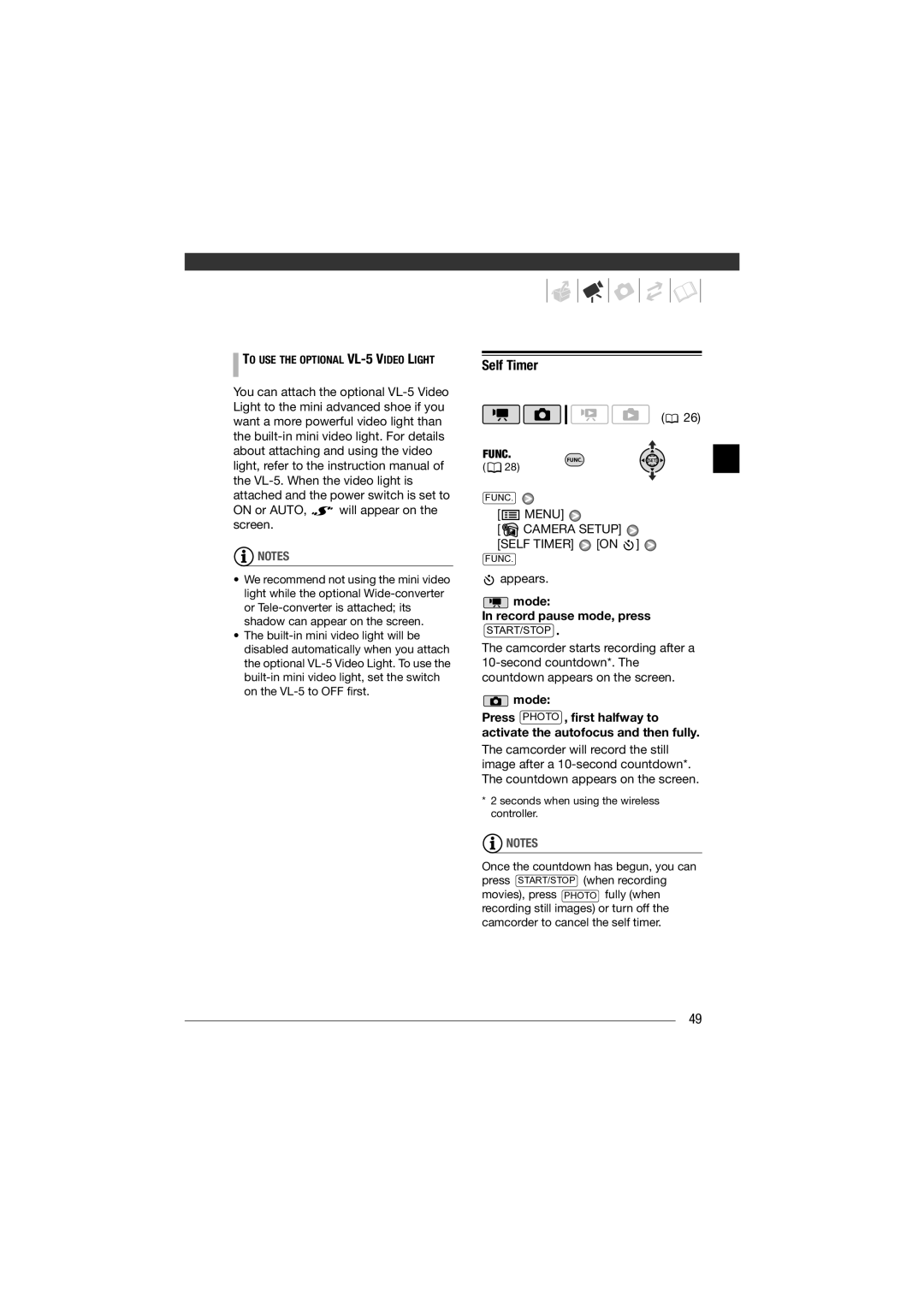 Canon HF11 instruction manual Self Timer, Camera Setup, Mode Record pause mode, press 