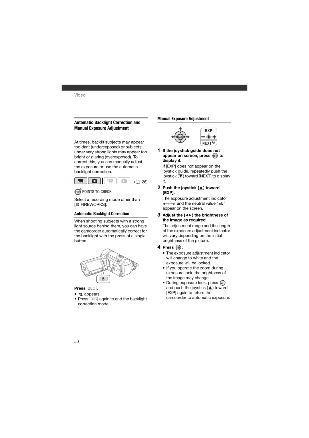 Canon HF11 instruction manual Select a recording mode other than Fireworks, Automatic Backlight Correction, Press BLC 