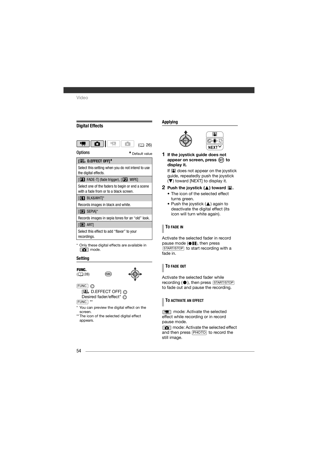 Canon HF11 instruction manual Digital Effects, Setting, Effect OFF Desired fader/effect 