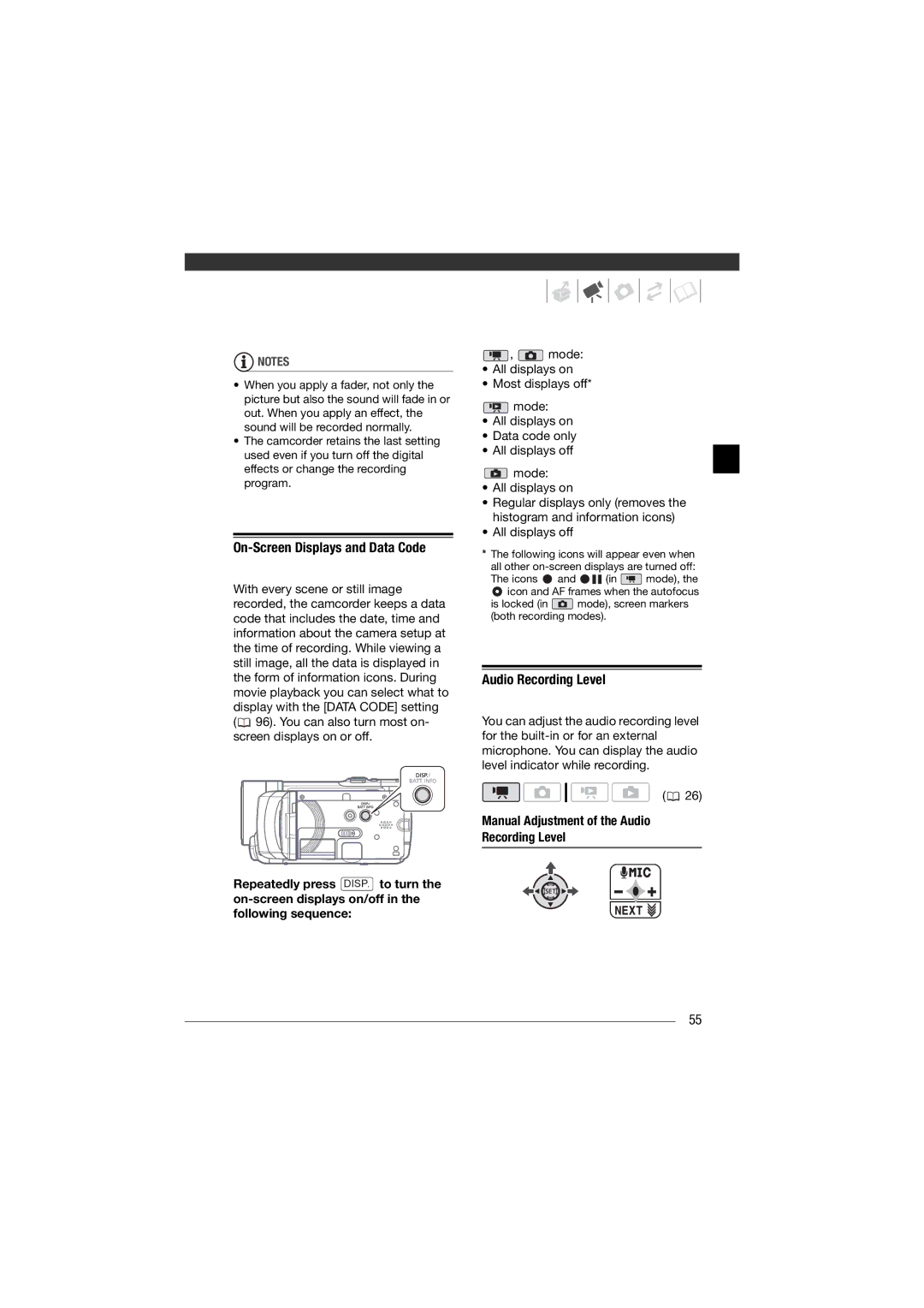 Canon HF11 instruction manual On-Screen Displays and Data Code, Manual Adjustment of the Audio Recording Level 